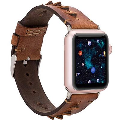 Burkley Läderarmband för Apple Watch i 38/40 mm och 42/44 mm vintage klockarmband utbytbart armband kompatibelt med alla Apple Watch – handgjorda (42/44 mm, brun – BA12)