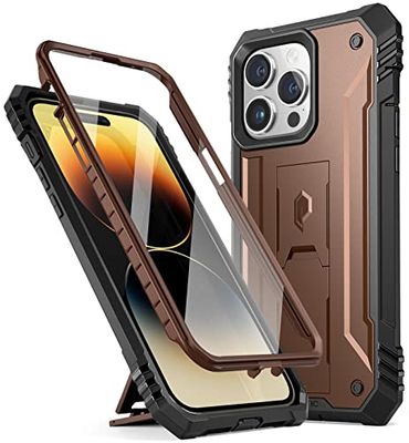 Poetic Revolution Series - Custodia compatibile con iPhone 14 Pro Max 6,7" (versione 2022), robusta e antiurto, resistente, con cavalletto e pellicola protettiva integrata, marrone