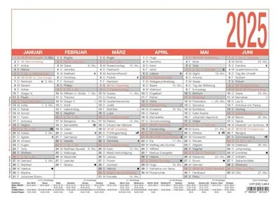 Zettler - Name Day Calendar 2025 White/Red, 29.7 x 21 cm, Poster Calendar with Year Overview, 6 Months on 1 Page, Name Days, Working Days, Daily and Week Counting and German Calendar