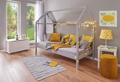 Inter Link - Cama infantil 90 x 200 cm - Cama supletoria - Cama juvenil - Pino macizo - Para niños y niñas - Lacado gris - No tóxico - Cuidado fácil - Sun Road 90 x 200 cm
