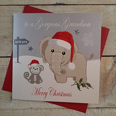 White Cotton Cards to a Gorgeous Grandson Merry Christmas handgemaakte olifant en aap kaart