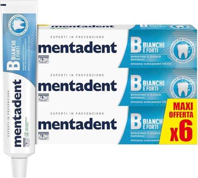 Mentadent Dentifricio Bianchi e Forti, con Zinco, Formula Delicata, Aiuta a Prevenire le Macchie, l'Ingiallimento dei Denti e l'Erosione dello Smalto, 8 Azioni Contro i Disturbi Orali, Formato 6x75ml