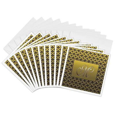 3drose élégant Lettre M en relief dans cadre doré Plus d'un motif fleur de lys Noir sur un fond doré – Cartes de vœux, 6 par 15,2 cm, Lot de 12 (GC 36091 _ 2)