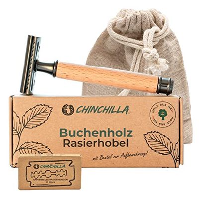 Rasoio Chinchilla® in legno di faggio Made in Germany | rasoio umido sostenibile per uomo e donna | incl. 10 lamette e sacchetto | Rifiuti zero e assenza di plastica