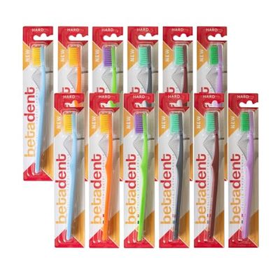 Betadent Kit de 12 brosses à dents durs avec pointes arrondies pour enlever efficacement la plaque bactérienne. 12 pièces, couleurs assorties