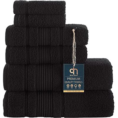 Qute Home Lot de 6 Serviettes de Bain 100% Coton Turc, Douces et absorbantes, pour Salle de Bain, 2 Serviettes de Bain, 2 essuie-Mains et 2 débarbouillettes, Noir