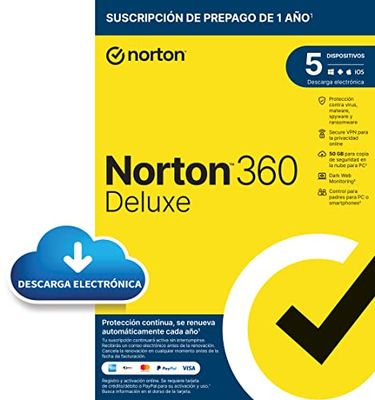 Norton 360 Deluxe 2024 - 12 meses de suscripción con renovación automática, Dark Web Monitoring, Secure VPN y Gestor de contraseñas | PC/Mac | 5 Dispositivos | Enviado por email