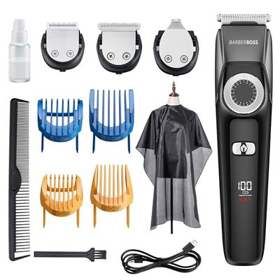 BarberBoss 3 in 1 Facial Grooming Kit, Hair, Detail & Beard Trimmer, Men’s Hair Clipper, Precision Control Dial, 4 Guide Combs, USB Rechargeable, LED Display, 100% Waterproof, QR-6086
