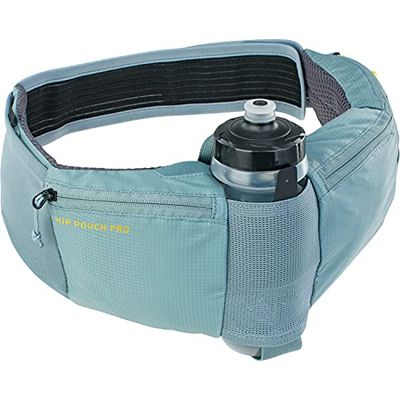 EVOC HIP POUCH PRO höftväska för cykelturer (midjeväska med justerbara remmar inkl. 550 ml dryckesflaska, 2 höftbältesfickor, idealisk verktygspåse, kapacitet: 1,5 L), stålgrå