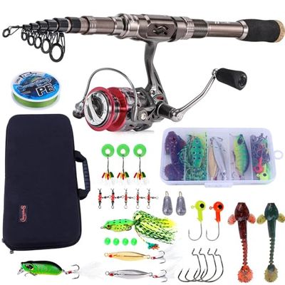 Sougayilang Combos de caña de Pescar y Carrete, caña de Pescar telescópica de Fibra de Carbono, Carrete Giratorio 12 + 1 BB con Funda de Transporte para Agua Salada y Agua Dulce, Kit de Equipo de