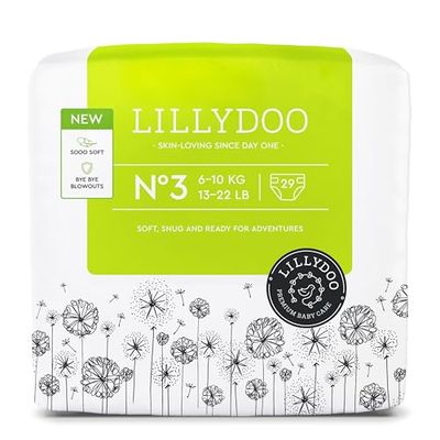 LILLYDOO Przyjazne dla skóry pieluchy dla niemowląt – rozmiar 3 (6-10 kg), 29 sztuk, bezpieczna ochrona przed wyciekiem, miękkie, bez perfum, bez balsamów i barwników do skóry wrażliwej, testowane