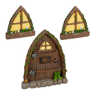 Relaxdays Set fée d’extérieur (Jardin), 2 fenêtres, 1 Porte, résistant aux intempéries, Pierre Artificielle, Multicolore