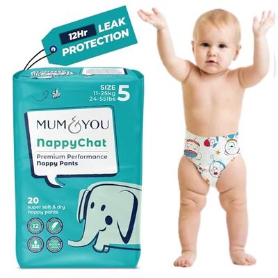 Mum & You Eco Friendly Baby Nappies, Premium Size 5 Nappies (11-25 KG), 20 Count, Dermatologically Tested Nappy with 12-Hr Leak Protection Wet Indicator,Rash-Free Baby Diaper,Day & Night Time Nappies
