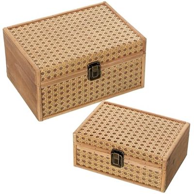 DRW Set di 2 scatole di legno e vimini in naturale 24x11.5x17 cm