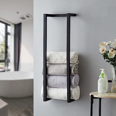 Wall Mounted Metal Bathroom Organizer - Bath Towel Holder for Modern Small Space, Black