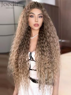 Joedir 32" longue dentelle ondulée devant perruques synthétiques perruques en dentelle sans colle perruque en t pour femme(Ombre Blond Sale)
