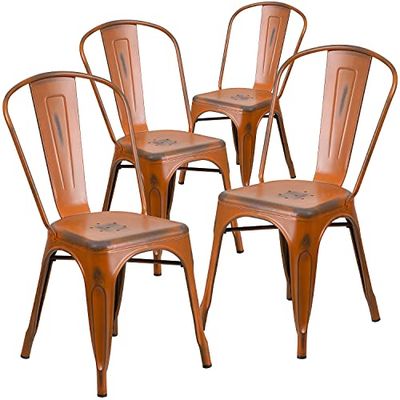 Flash Furniture Cadeira empilhável Blake de qualidade comercial, embalagem de 4 unidades, de metal laranja envelhecido, para interiores e exteriores