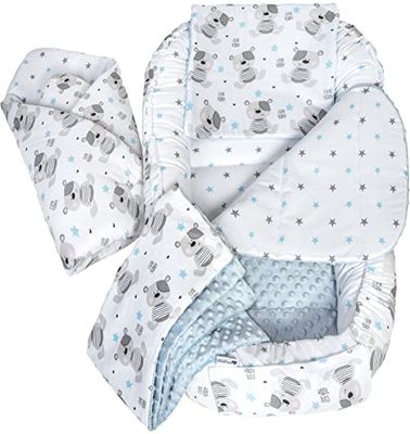 Medi Partners 5 éléments Cocon de Bébé 100x60x15cm 100% Coton Baby Nest Reducteur de lit Bébés Oreiller Couverture Insert Amovible (Teddy avec Un Minky Bleu)