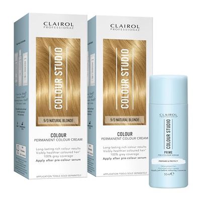 Clairol Colour Studio Permanent Colour Cream x2 Leave-in Pre-colour Serum x1 Prepares and Protects Hair Before Colouring Long-lasting Rich Tones Hair Colouring Kit 9/0 Natural Blonde