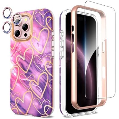 SHEDEER 4-in-1 iPhone 16 Pro Max Hoesje met camerabeschermer en gehard glas, 360° schokbestendige TPU-bumper, vervagingsbestendige, glanzende beschermhoes voor iPhone 16 Pro Max 6,9 inch (paars)