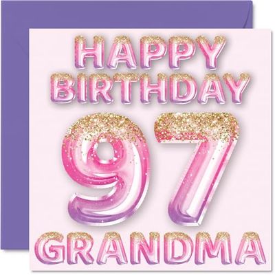 97th Birthday Card for Grandma - Pink & Purple Glitter Balloons - Happy Birthday Cards for 97 Year Old Grandma from Grandson Granddaughter, 145mm Bday Greeting Cards Gift