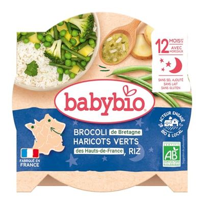 Babybio – Bonne Nuit – Assiette Brocoli Haricots Verts de Vendée Riz 230g – 12+ Mois – Lot de 1