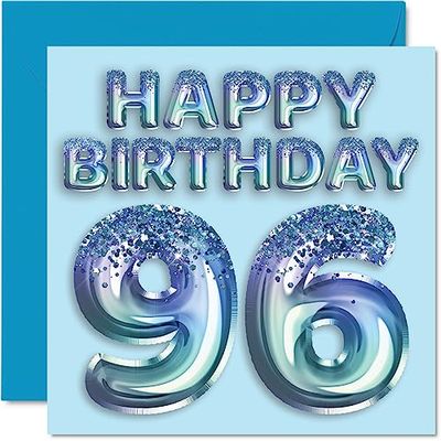 96e verjaardagskaart voor mannen - blauwe glitter feestballon - gelukkige verjaardagskaarten voor 96-jarige man overgrootvader opa papa Gran, 145 mm x 145 mm zesennegentig-zesennegentigste verjaardag