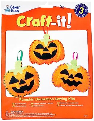 Baker Ross FE772 Pumpkin Decoration Sewing Kits - Pack of 3, Sewing Set for Children, Creative Activities for Kids, Ideal Halloween Arts and Crafts Project, Pumpkin