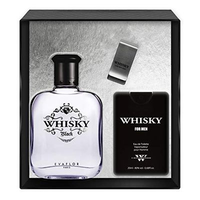 EVAFLORPARIS Whisky Black Coffret pour Homme Eau de Toilette 100 ml + Parfum de Voyage 20 ml + Money Clip Vaporisateur Spray Parfum Homme 120 ml