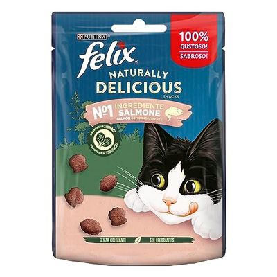 Felix Purina Naturally Delicious, Snacks, Premio para Gato con Salmón, Bolsa de 50g