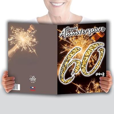 MAXI MX-5060 Large XXL Giant Card for 60th Birthday Mixed H/F + Envelope Format 32 x 23 cm – Golden Number Numbers Celebrating Fireworks Sparkling Champagne Cap – Made in France MX-5060