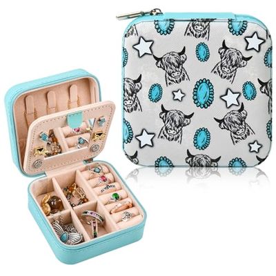 CEELGON Western Jewelry Box Case Highland Cow Print Travel Jewelry Organizer Christmas Gifts for Women Country Girls Cowgirl Stuff Small Portable Travel Accessories for Women -Blue Cow