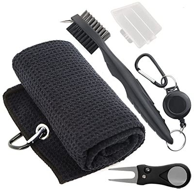 Kit di accessori da golf, kit di pulizia per mazze da golf, asciugamano da golf in microfibra con clip, spazzola per mazze da golf e clip, strumento divot da golf con pennarello, accessori da golf per