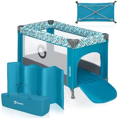 LIONELO Stefi Cuna Bebe Parque Infantil Bebe Apertura Lateral colchoneta protección contra el Plegado LockGuard Lados de Tela de Malla Bolso de Transporte (Gris) (Turquoise)
