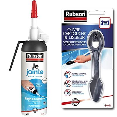 Rubson Je Jointe Mastic Blanc 100 ml, mastic étanche anti-moisissure en aérosol prêt à l'emploi, mastic silicone durable pour joints sanitaires spécial Bain & RUBSON Ouvre cartouche et lisseur