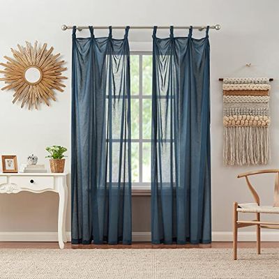 Indigo Ink - Curtain, Sheer Curtain Panel, Window Treatment with Tie Top, Knotted Loops Design, Boho Inspired Home Decor (Mia Blue, 70" x 95")