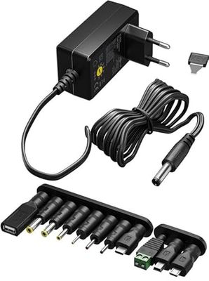 goobay Universele voeding 5 V - 15 V, max. 36 W/DC wisseladapter/reservevoeding voor TV, PC, router, LED-strip/variabele spanning/USB C, USB A, Micro USB/incl. 11 adapter/zwart/74436