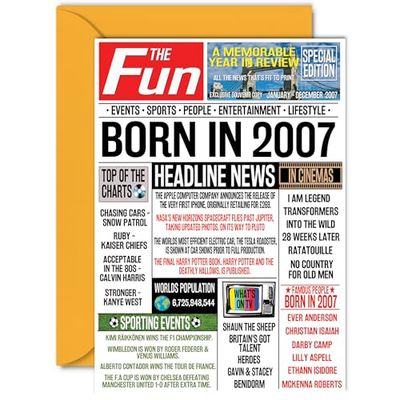 18th Birthday Cards for Women Men - Born In 2007 Newspaper - Happy 18 Birthday Card for Daughter Son Cousin Vintage Retro Back In 2007, A5 Bday Greeting Cards