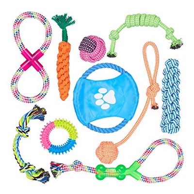 Relaxdays Juguete para Perros Medianos, Pequeños y Cachorros, Pack de 10, Frisbi y Cuerdas, Varios Tamaños, Multicolor, Algodón
