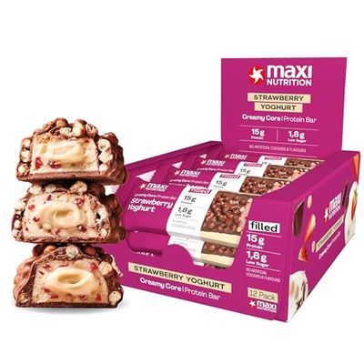 MaxiNutrition Creamy Core Protein Bar - Maxi nutriton High Protein Snack - Fat-Free, Low in Sugar - 15g Protein - Strawberry Yoghurt, 200 kcal per Serving, 12 x 45g