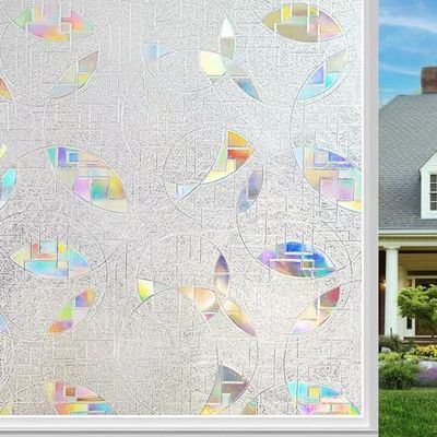 Rainbow Window Film, Cheerhom Window Film, Rainbow Effect Privacy Film, Window, Opaque, Static Adhesive, Self-Adhesive Frosted Glass Film, Window with Large Crescent Moon Pattern, 90 x 200 cm