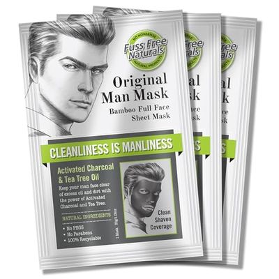 Fuss Free Naturals Sheet Face Mask for Men, Mens Skincare Bamboo Sheet Mask, Cleanse and Detox With Tea Tree + Activated Charcoal, For Clean Shaven Men - Pack of 3 Sachets
