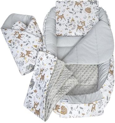 Medi Partners Reducteur de Lit Bebe - Réducteur Bébé 100x60x15cm 5 éléments Cocon et Naissance Nid d'ange bilatéral Cale 100% Coton Minky (Cerf avec Minky Gris)