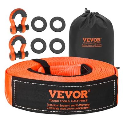 VEVOR Sangle de Remorquage Récupération Cinétique, 76,2 mm x 9,1 m, Résistance à la Rupture 16329 kg, avec Manchons de Protection, Sac de Rangement, Manilles à Anneau D 19 mm, pour Camions, SUV, VTT