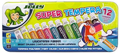 JOLLY Super Tempera schilderverf, 12 heldere en rijke kleuren, onverdund of met water beschilderbaar, geschikt voor alle materialen