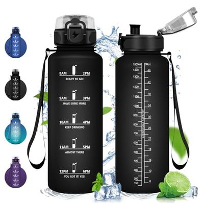 Vikastar Waterfles, 1500 ml, lekvrij, sportdrinkfles, tijdmarkering, waterfles, herbruikbaar, motiverend, voor fitness, camping, zwart