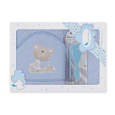 Interbaby - Capa de Baño Bebe Azul + Peines Bebe | Toalla con Capucha 100% Algodón, 100x100cm, Unisex | Suave, Secado Rápido | Ideal para Recién Nacidos, Bebes y Niños Pequeños | Diseño Love You