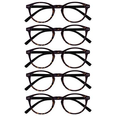 OPULIZE Zen Gafas de Lectura Pack de 5 Montura Redonda Color Marrón Carey Oscuro con Varillas Negras Bisagras con Muelle Resistente a los Arañazos Unisex RRRRR24-2 +1.50