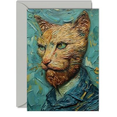 Funny Art Birthday Card for Men Women - Gogh Cat - Awesome Greeting Card for Friend Family Colleague Son Daughter Mum Dad Sister Brother Nan Grandad Cousin, 5x7 Inch Joke Greeting Cards Gift