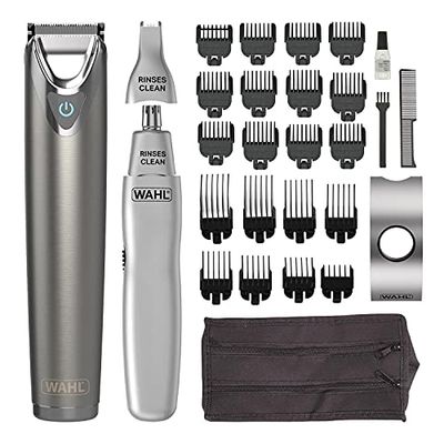WAHL Stainless Steel Trimmer with Dual Head Ear and Nose Trimmer, 240 Minutes Cordless Run Time, Rinseable Features Hygienic Blades, Advanced Lithium Ion Technology